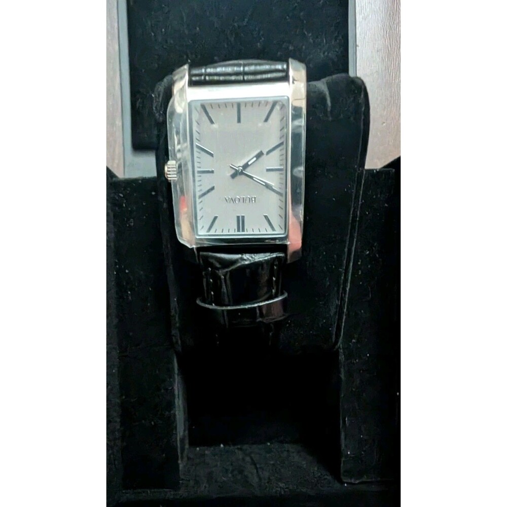 Bulova Mens Rectangular Silver Dial Black Leather Dress Watch 96A156 NIB